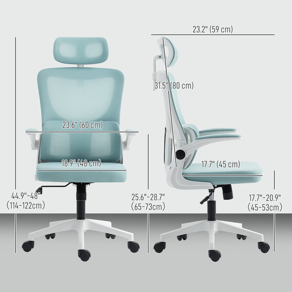 High Back Office Chair, Mesh Computer Chair with Rotatable Headrest, Lumbar Back Support, Adjustable Height, Light Blue