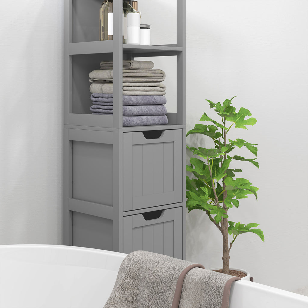 Narrow Bathroom Cabinet with 3 Drawers and 2 Tier Shelf, Tall Cupboard Freestanding Linen Tower, White