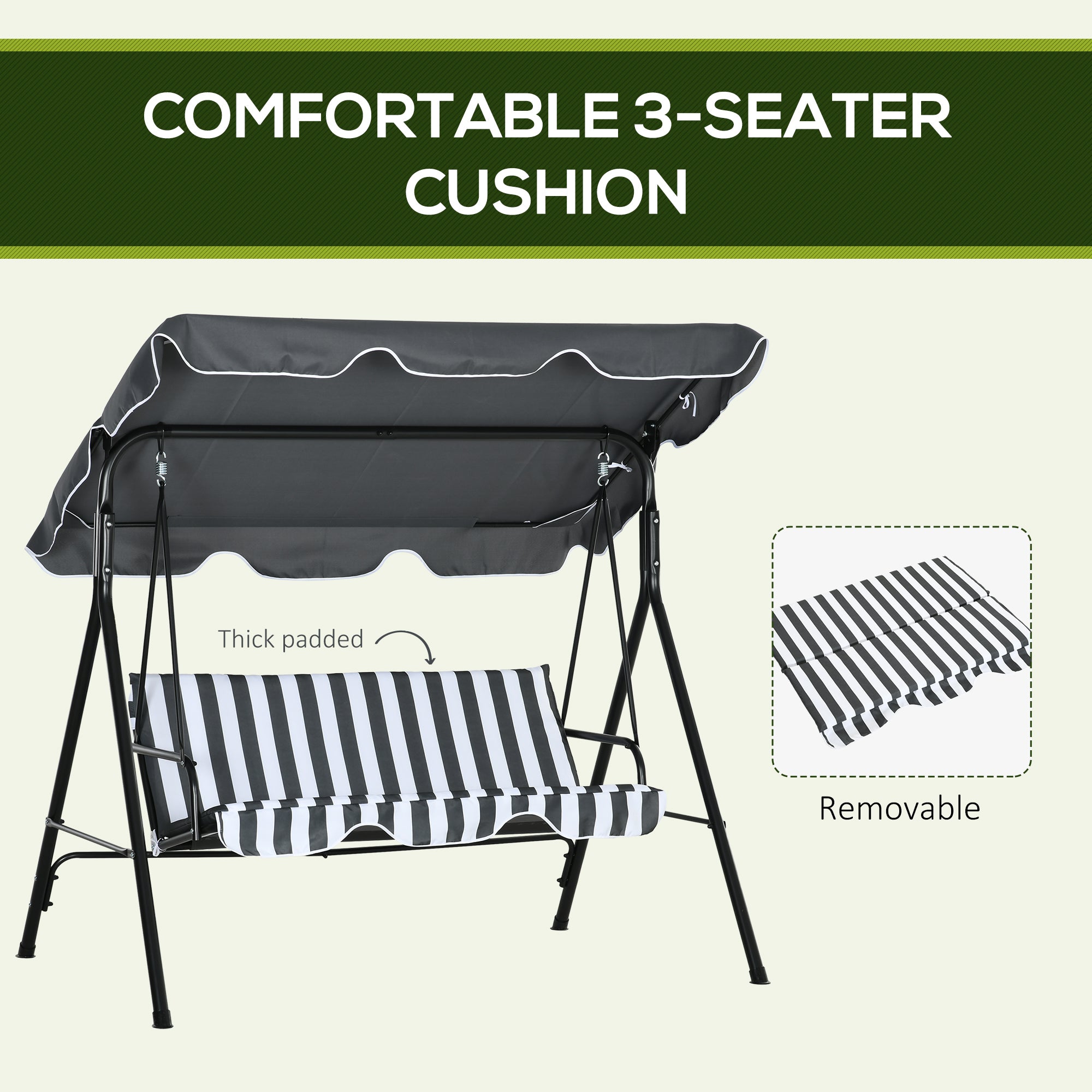 3-Seater Outdoor Porch Swing with Adjustable Canopy, Patio Swing Chair for Garden, Poolside, Backyard, Green and White