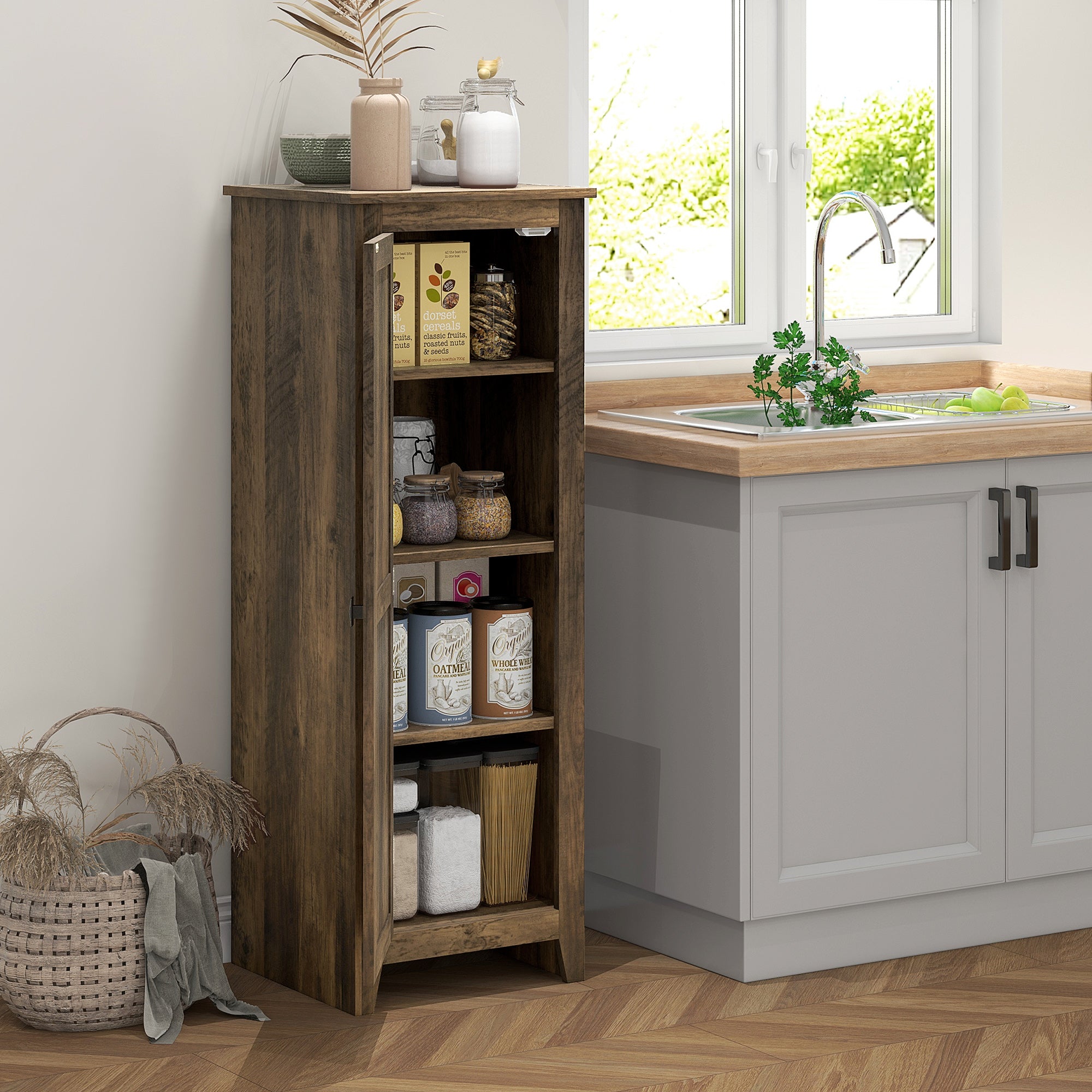 48" Farmhouse Kitchen Pantry Storage Cabinet with Barn Door, Kitchen Pantry Cabinet with Adjustable Shelves, White
