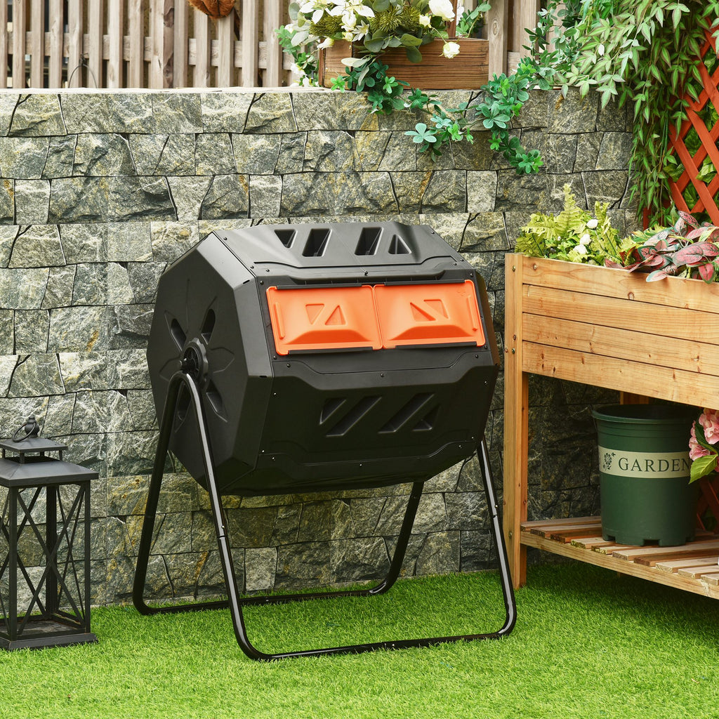 Tumbling Compost Bin Outdoor Dual Chamber 360° Rotating Composter 43 Gallon with Sliding Doors, Orange