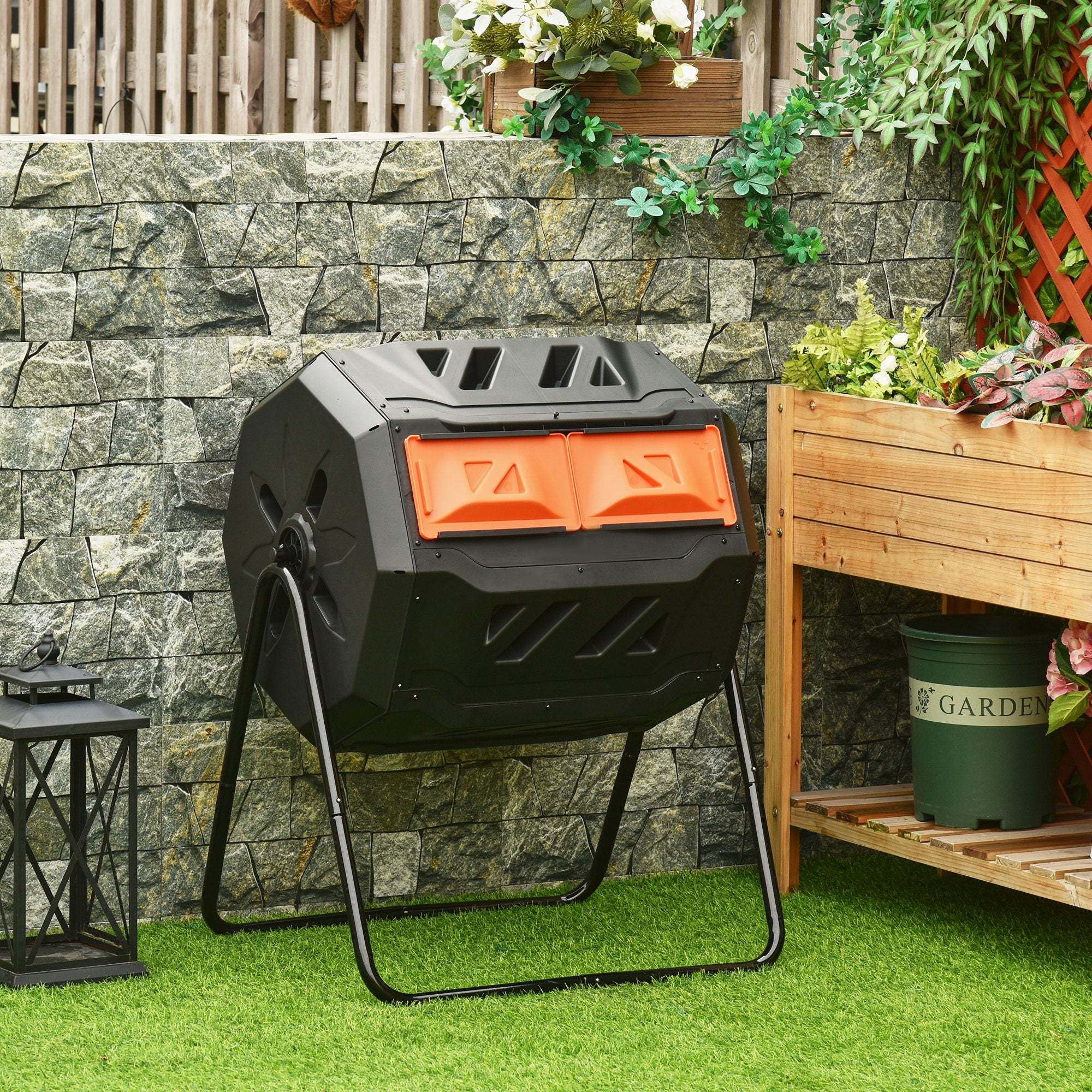 Tumbling Compost Bin Outdoor Dual Chamber 360° Rotating Composter 43 Gallon with Sliding Doors, Orange
