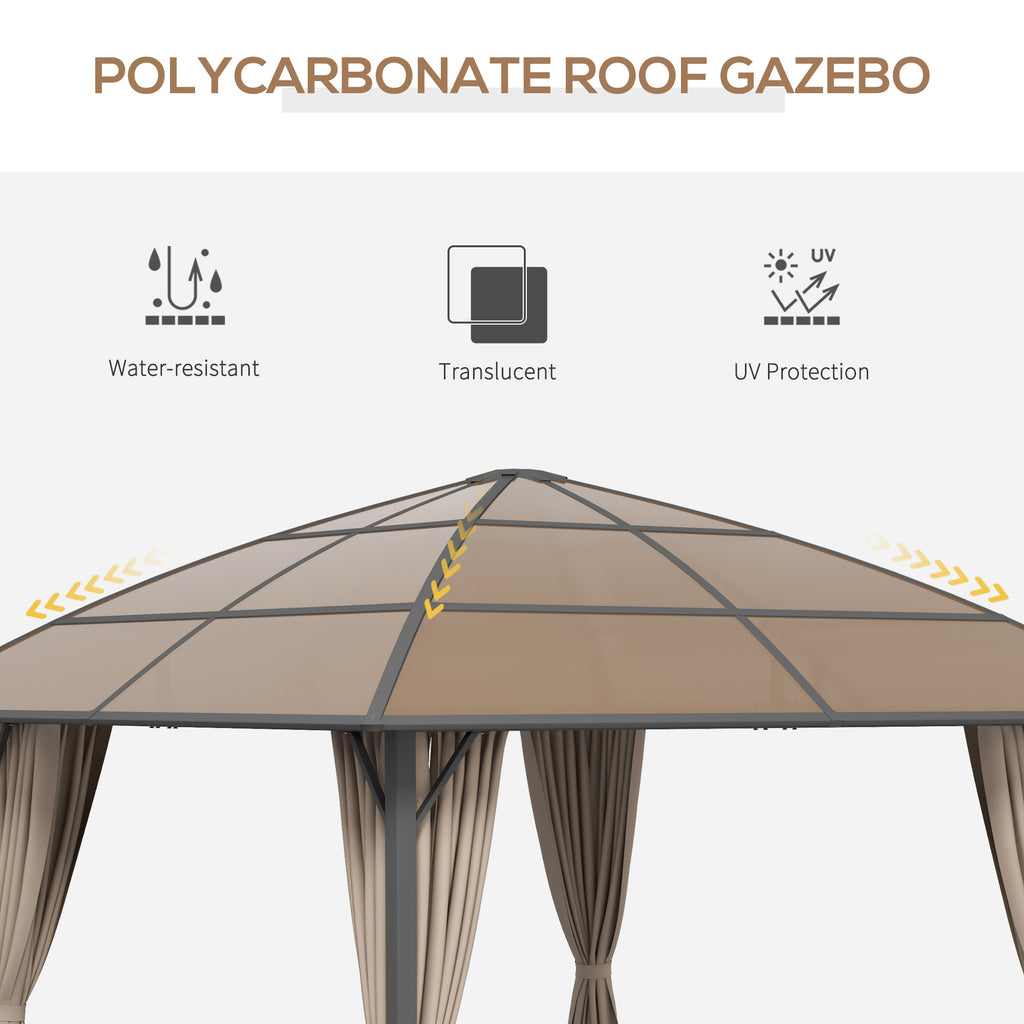 10' x 10' Outdoor Hardtop Gazebo Canopy with UV60+ Polycarbonate Roof, Steel Frame, Central Hook, Curtains, Khaki