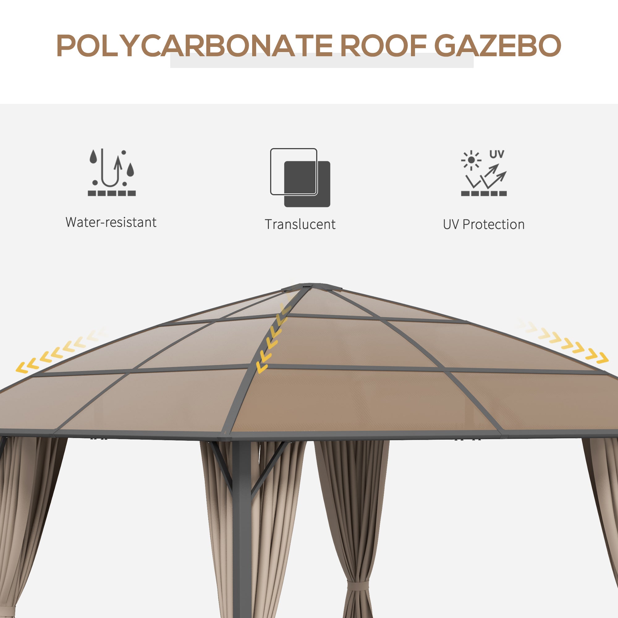 10' x 10' Outdoor Hardtop Gazebo Canopy with UV60+ Polycarbonate Roof, Steel Frame, Central Hook, Curtains, Khaki