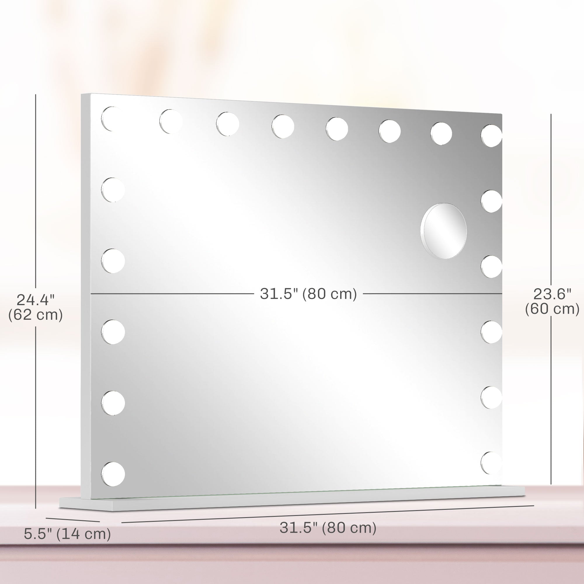 ሆሊውድ ቫኒቲ መስተዋት ምስ መብራህቲ፡ 31.5" x 24.4" ብርሃን ዘለዎ መስተዋት ምስ 3 ሕብርታት፡ 10X ምዕባይ፡ ዩኤስቢ ፖርት፡ ጻዕዳ
