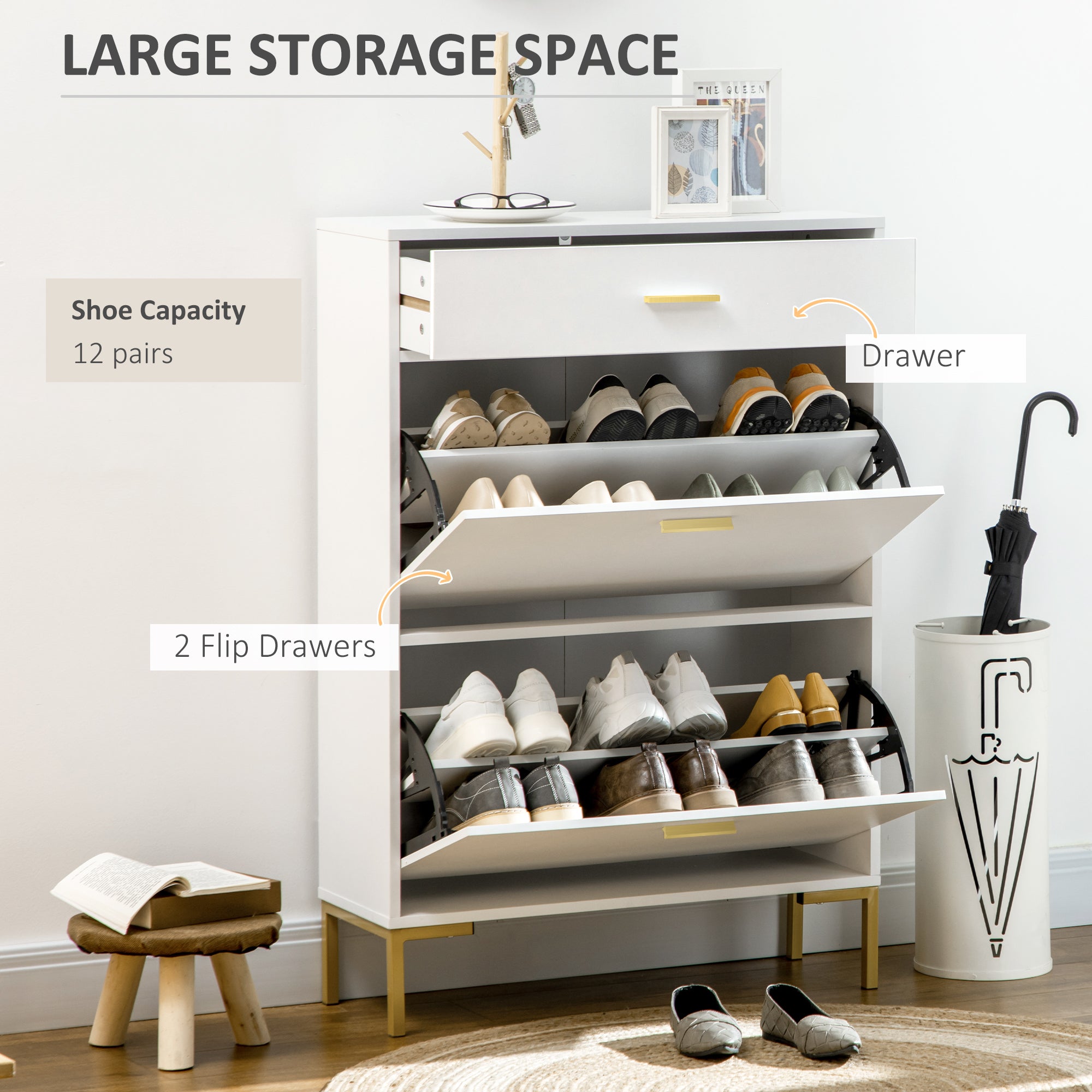 Modern Shoe Cabinet Storage 12 Pair Shoe Organizer with 2 Flip Doors Drawer and Adjustable Shelf White