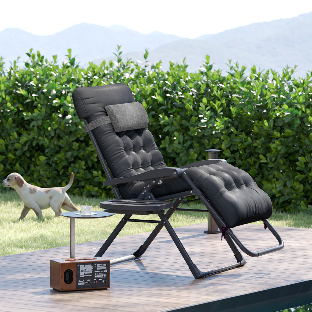 كرسي استرخاء قابل للطي ومبطن، كرسي استلقاء للفناء مع حامل أكواب، مسند ظهر قابل للتعديل، وسادة قابلة للإزالة، أسود