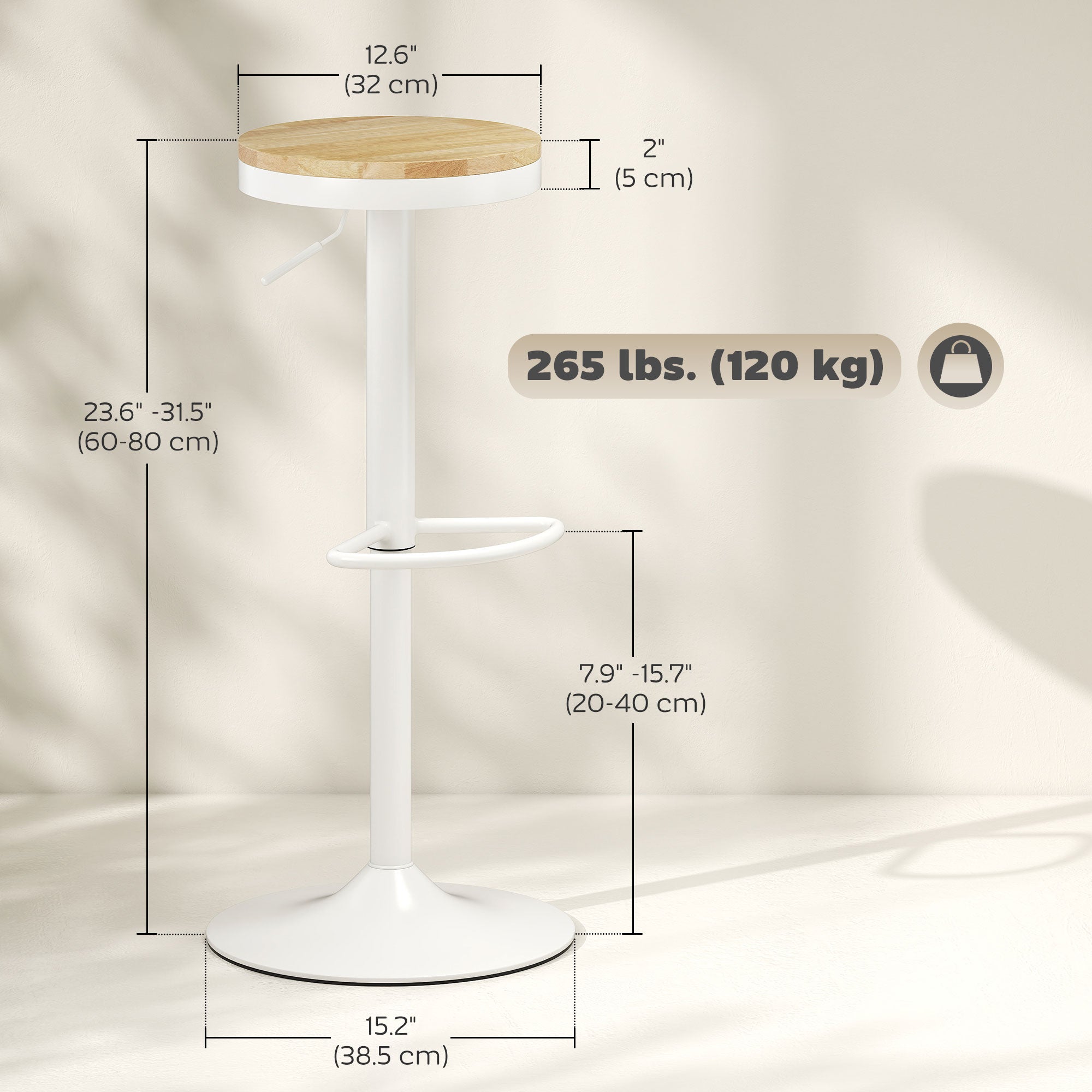 Wood Barstools Set of 2, Swivel Bar Stools with Adjustable Height for Kitchen Counter, Natural Wood and White