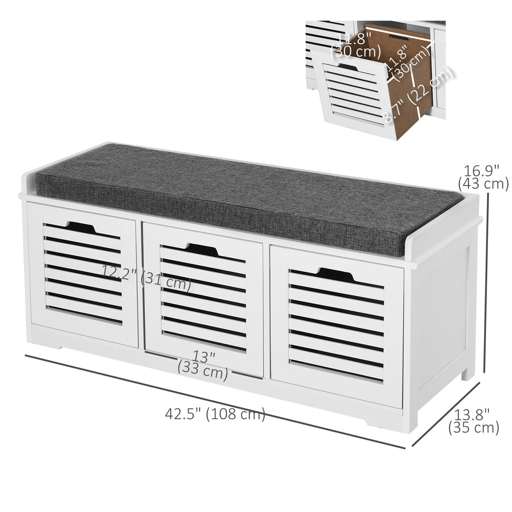 Upholstered Shoe Cabinet Storage Bench with Padded Cushion, with 3 drawer Enough Storage Space Bench Stool for Living Room Entryway Furniture, White