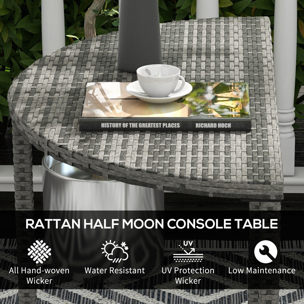 Half Round Side Table, PE Rattan Coffee Table with Metal Frame for Patio, Garden, Balcony, Black