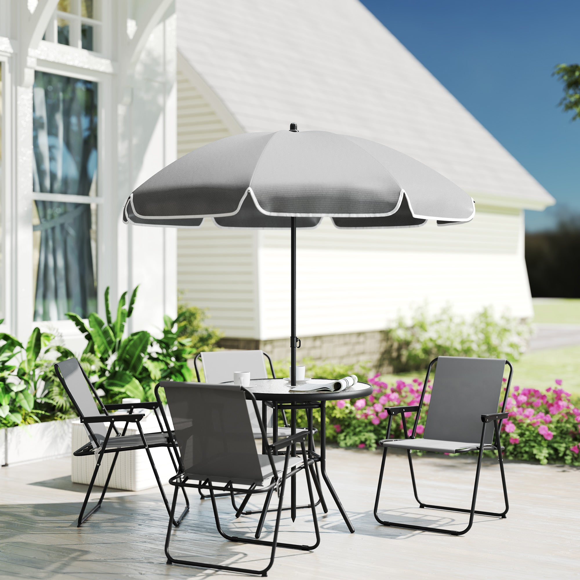 6 Pieces Patio Dining Set with Umbrella, Patio Furniture Set with Folding Chairs, Glass Table for Garden Backyard, Grey