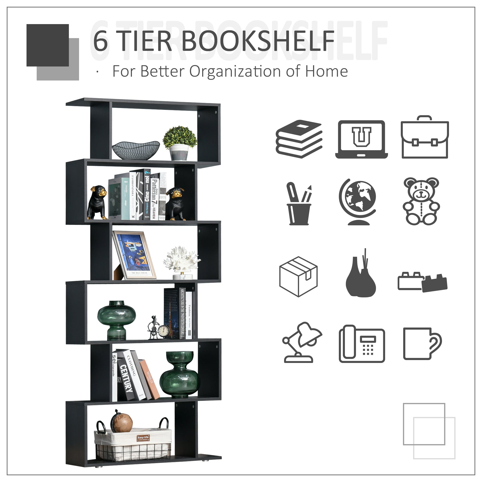 Wooden S Shape Bookcase 6 Shelves Storage Display Home Office Furniture