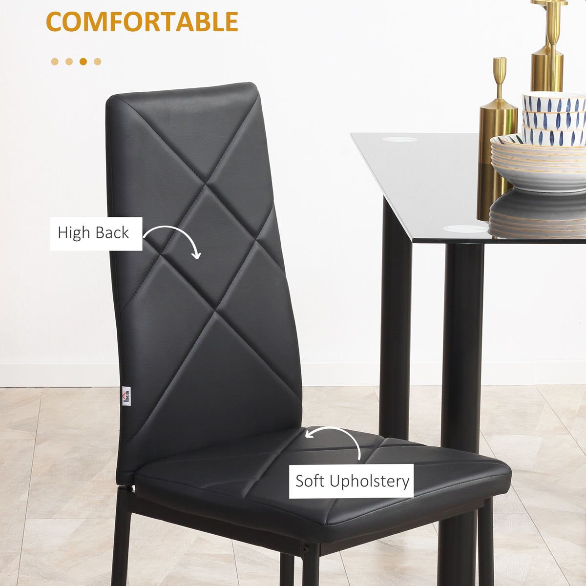 Dining Chairs Set of 4, Modern Accent Chair with High Back, Upholstery Faux Leather and Steel Legs for Living Room, Kitchen, Black