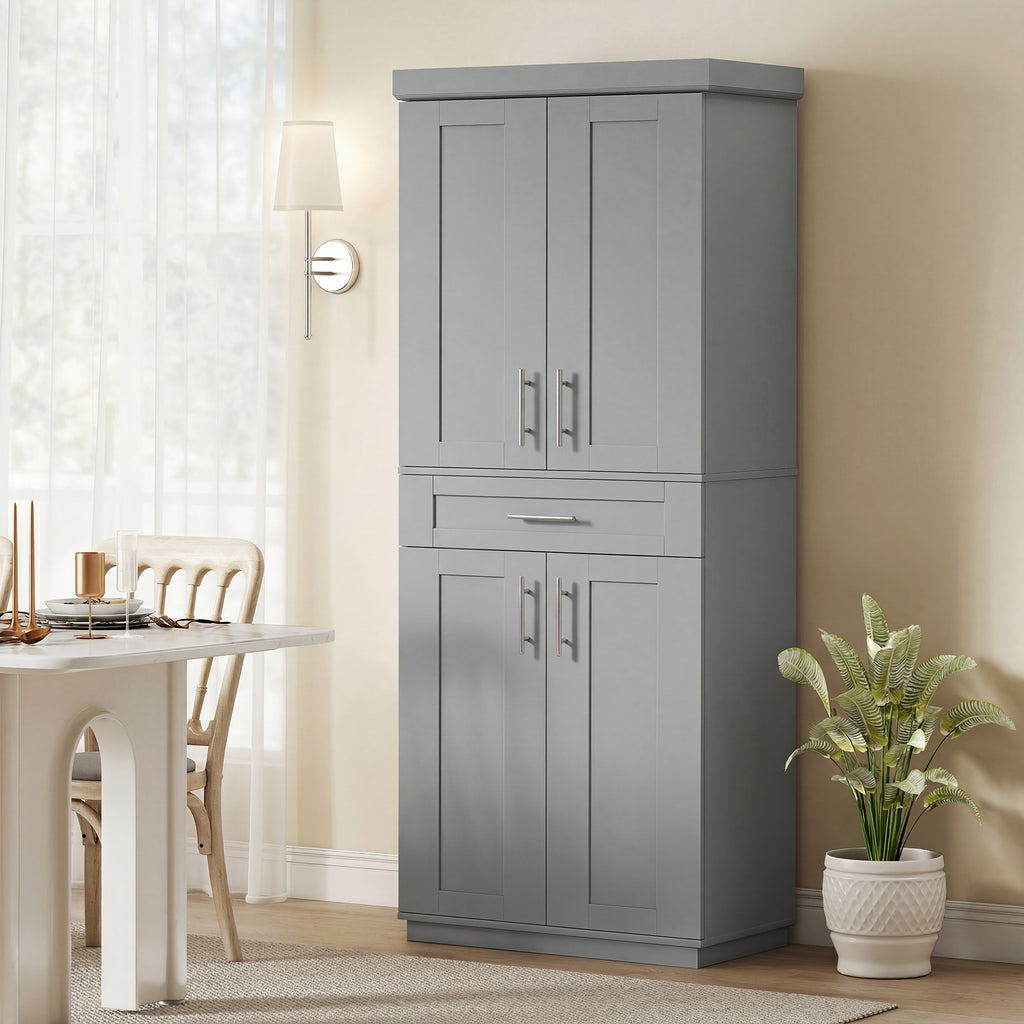72" Storage Cabinet, Freestanding Kitchen Pantry Cabinet with 4 Doors, Drawer and 3 Adjustable Shelves, White