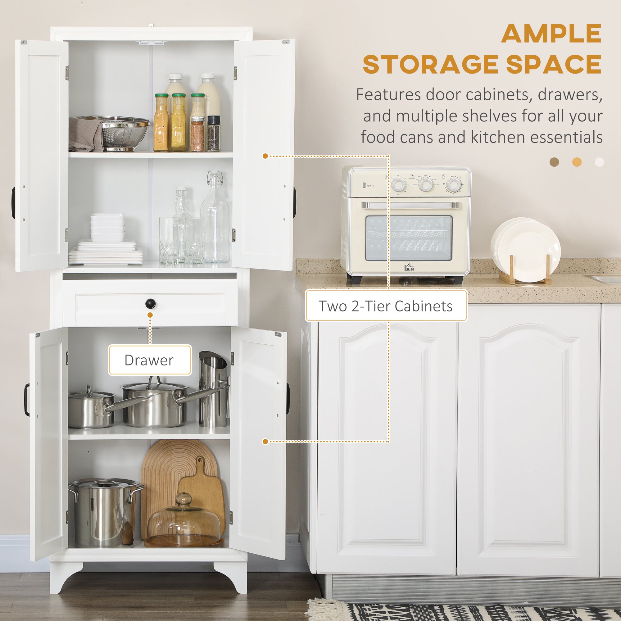 Freestanding Storage Cabinet, Kitchen Pantry Cabinet with 2 Shelves, 4 Doors, Kitchen Storage Cabinets for Dining Room