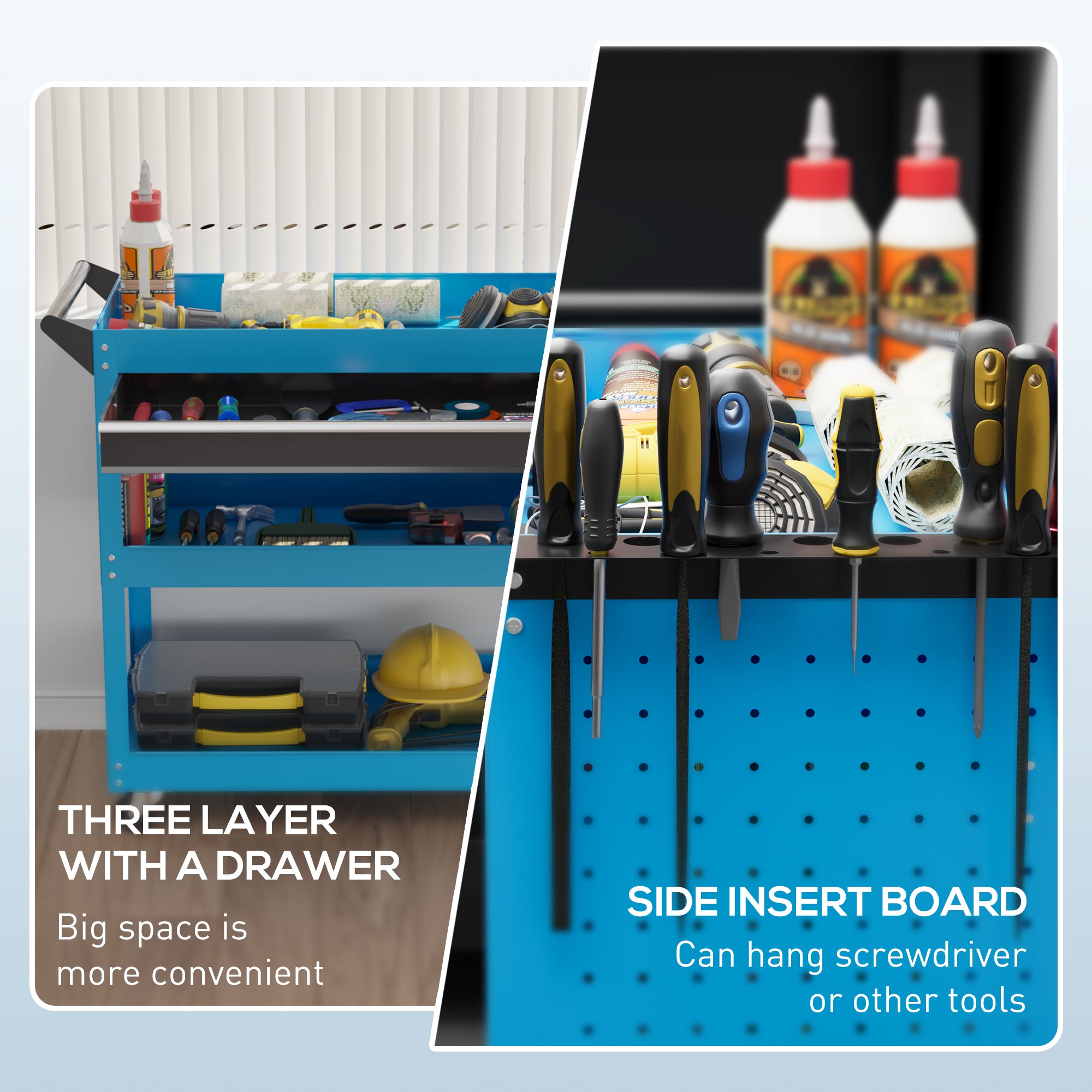 Tool Cart on Wheels, Utility Cart with Wheels, Ball Bearing Drawer, Storage Trays for Garage, Warehouse, Workshop, Blue