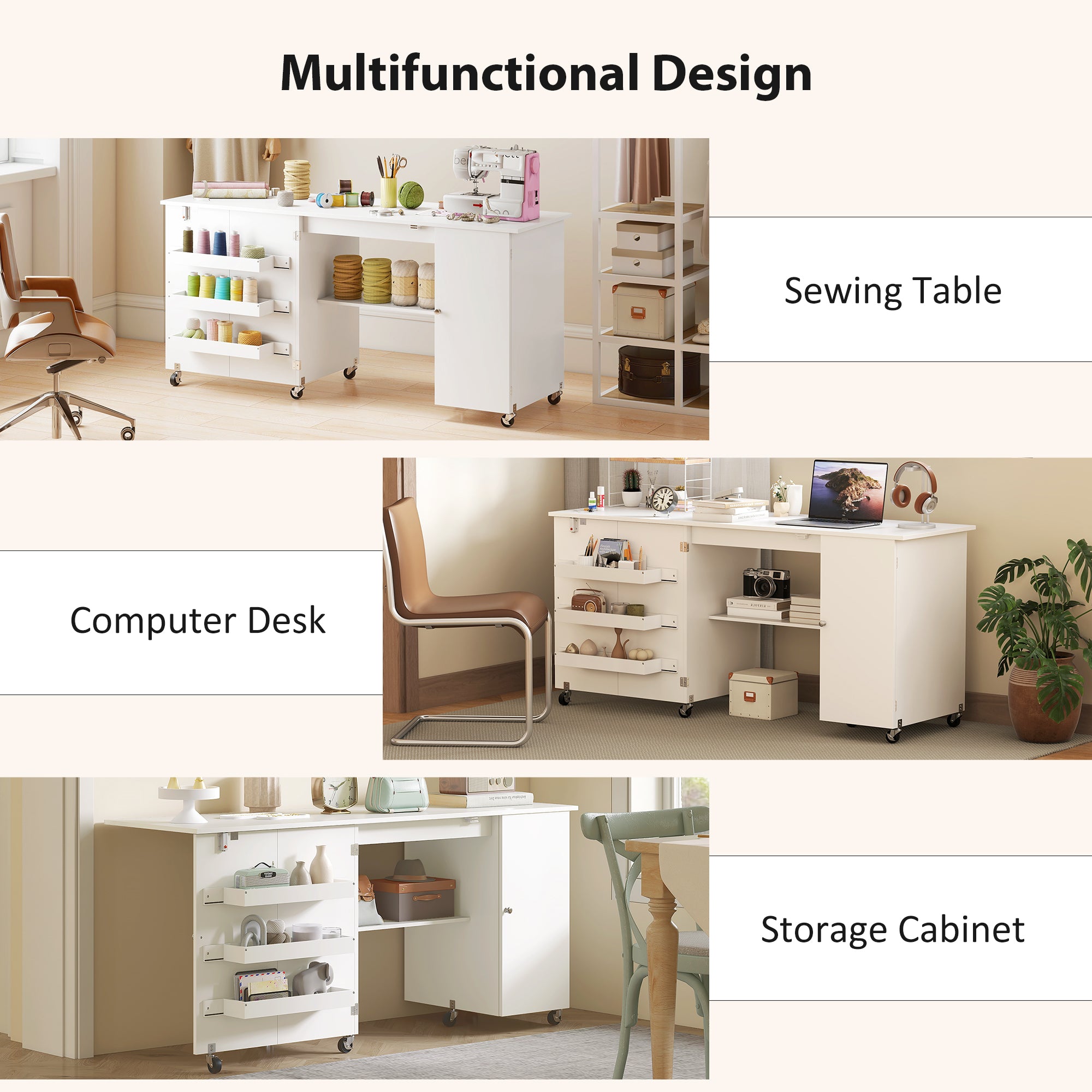 Sewing Machine Table with Drop Leaf, Folding Craft Table with 2 Doors and Adjustable Shelf for Small Spaces, Brown