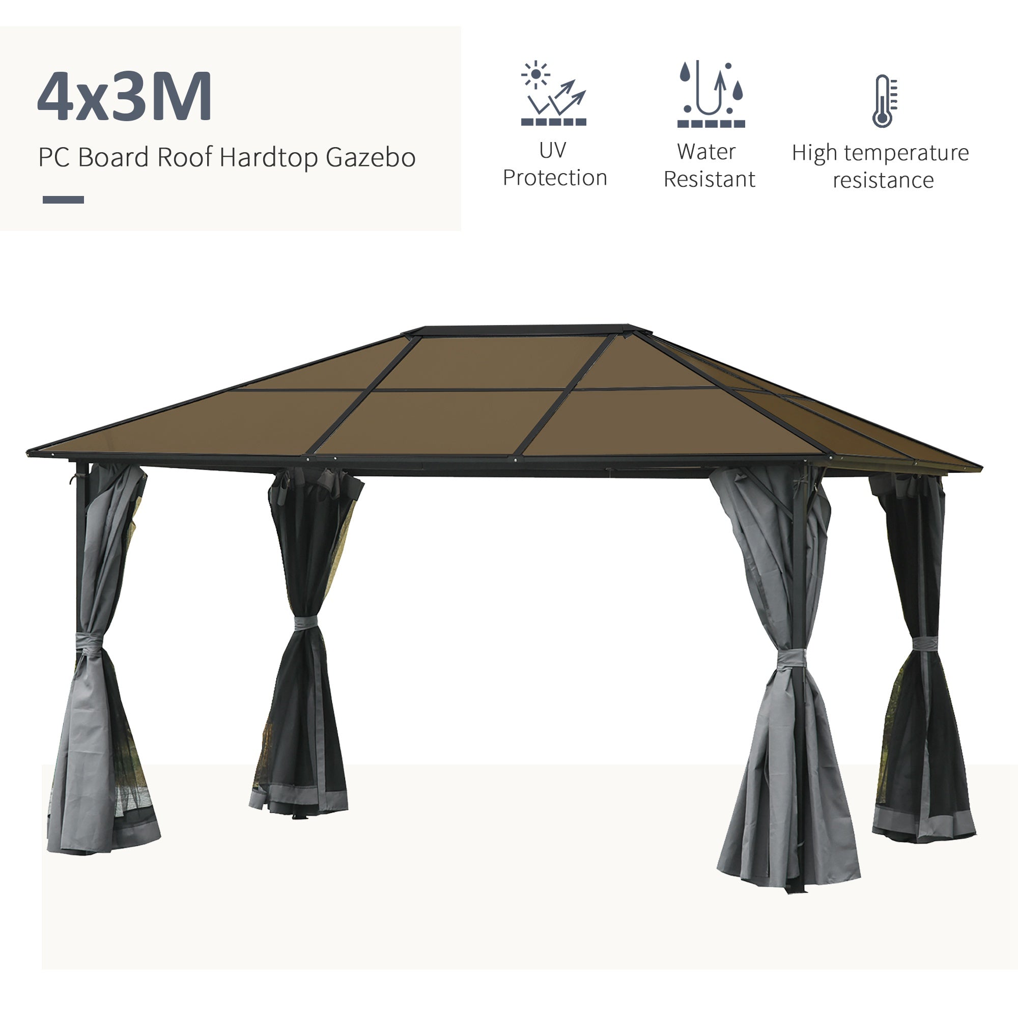 10' x 13' ሃርድቶፕ ጋዜቦ ኣሉሚኒየም ፍሬም ዝተገብረ ማርኪ ፓርቲ ተንት መጽለሊ ምስ መሽ ከርተንን ጎኒ መንደቕን - ግራጫ