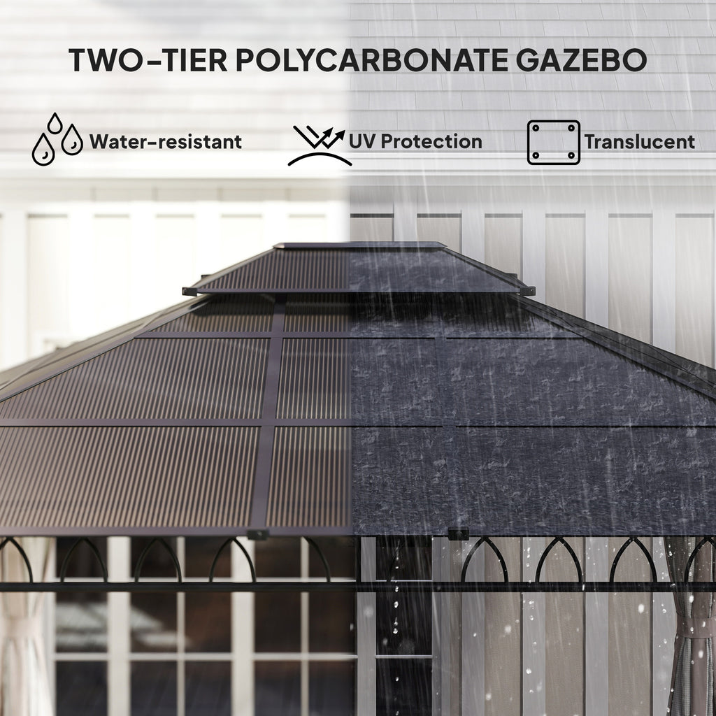 10' x 12' Outdoor Gazebo Canopy, Double Roof Hardtop Gazebo with Polycarbonate Roof, Steel Frame, Nettings and Curtains, for Garden, Lawn, Backyard and Deck, Khaki