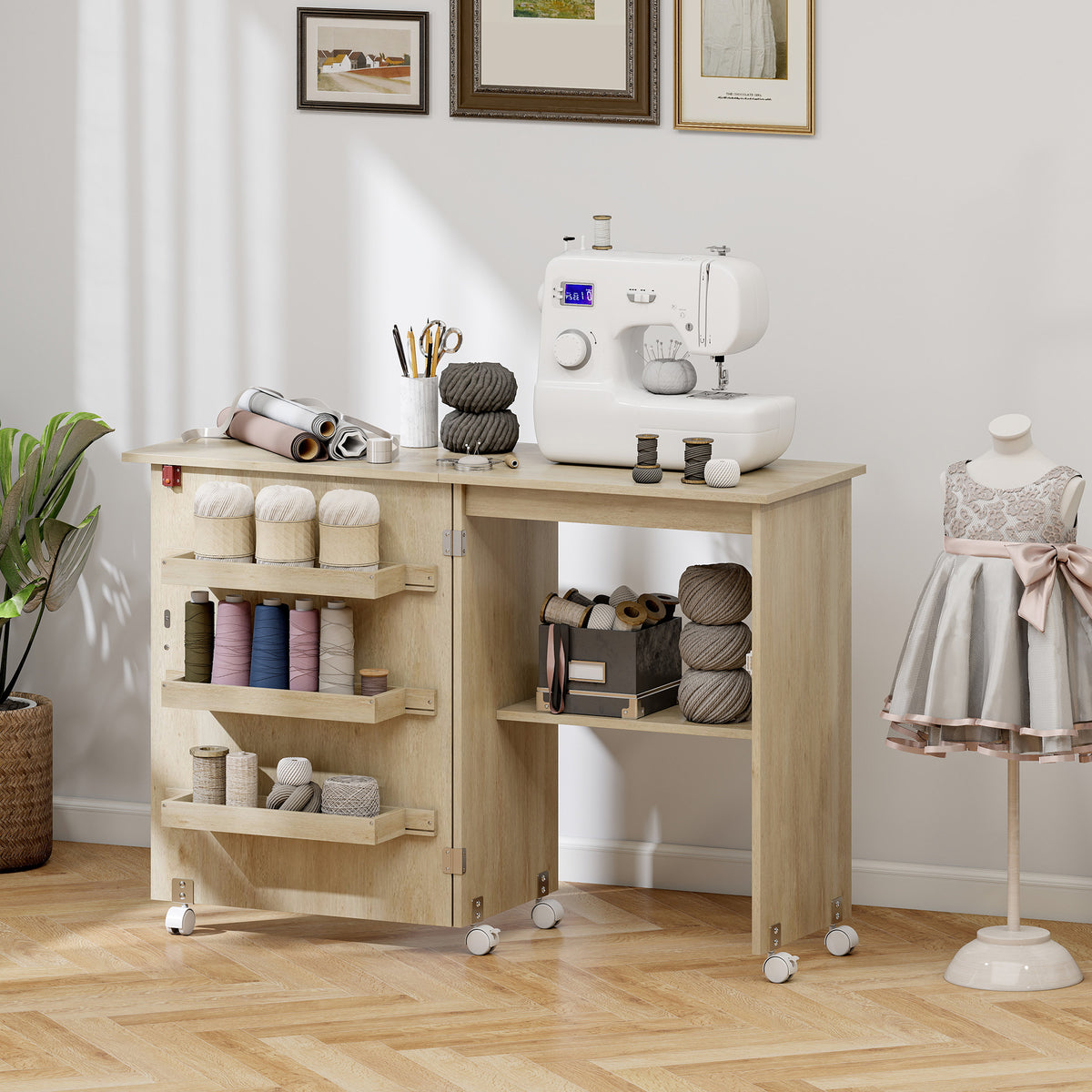 ማሽን ስፌት ካቢኔት፣ እተጣጥፍ ጣውላ ስፌት ምስ መደብሪ መደርደሪ፣ ቅርጫታትን ዝተቐልዑ መንኰራሕሩሕ መንኮራኩራትን ንንእሽቶ ቦታ፣ ተፈጥሮኣዊ ዕጨይሽ