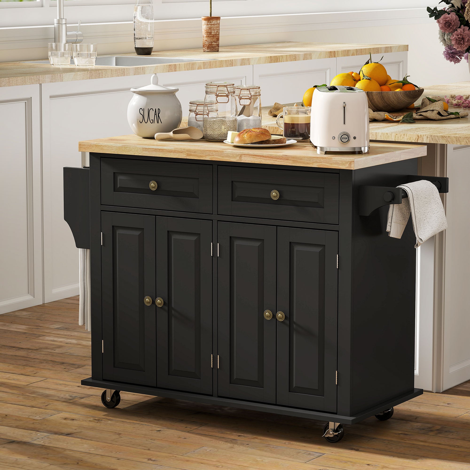 Rolling Kitchen Island with Rubber Wood Top and Storage, Spice Rack, Towel Rack, Black