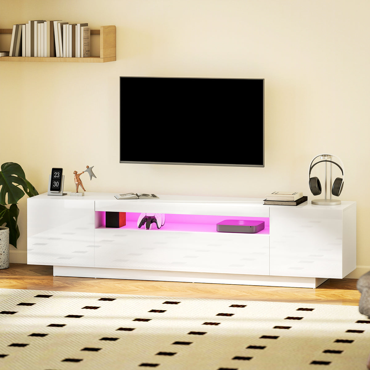 ማዕከል መዘናግዒ ምስ RGB LED መብራህቲ፣ መቐመጢ ቲቪ ን65-85 ኢንች ቲቪ፣ ዘመናዊ ጣውላ ቲቪ ንክፍሊ መዕረፊ፣ ልዑል ብርሃን ጻዕዳ