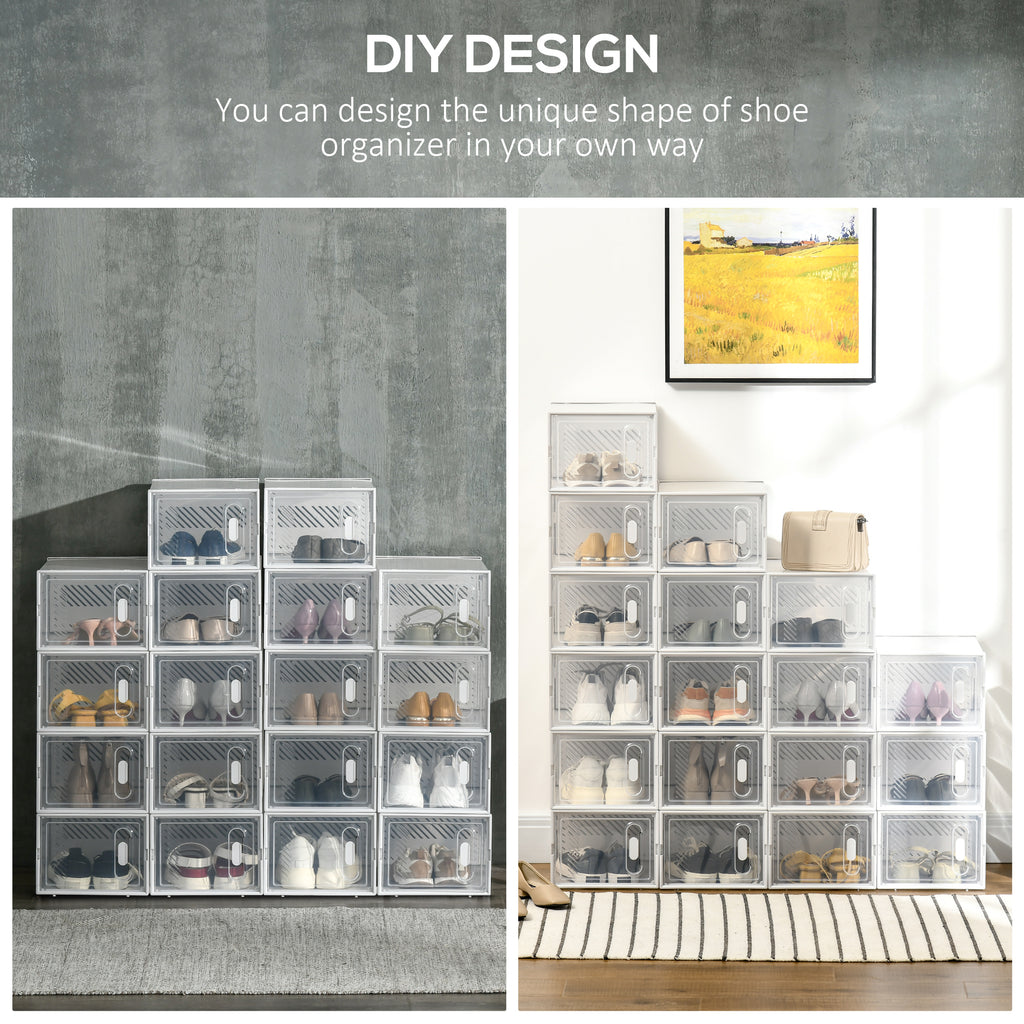 18 Pack Shoe Storage Boxes, Space-saving Shoe Organizers, Clear Plastic Stackable Holders Containers with Front Opening