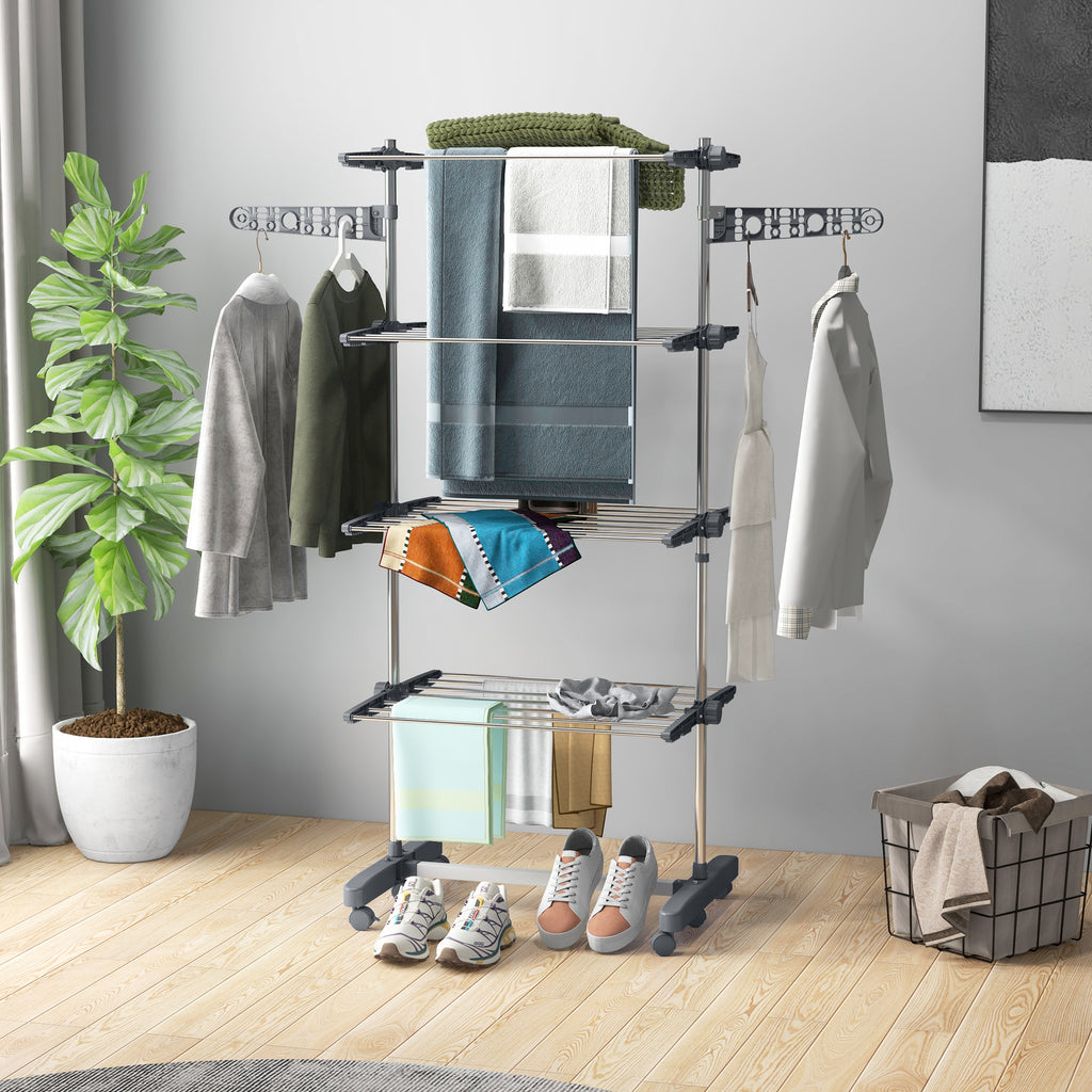 Garment Drying Rack Stainless Steel Folding Clothes Hanging Rack with Side Wings Castors for Indoor Outdoor White