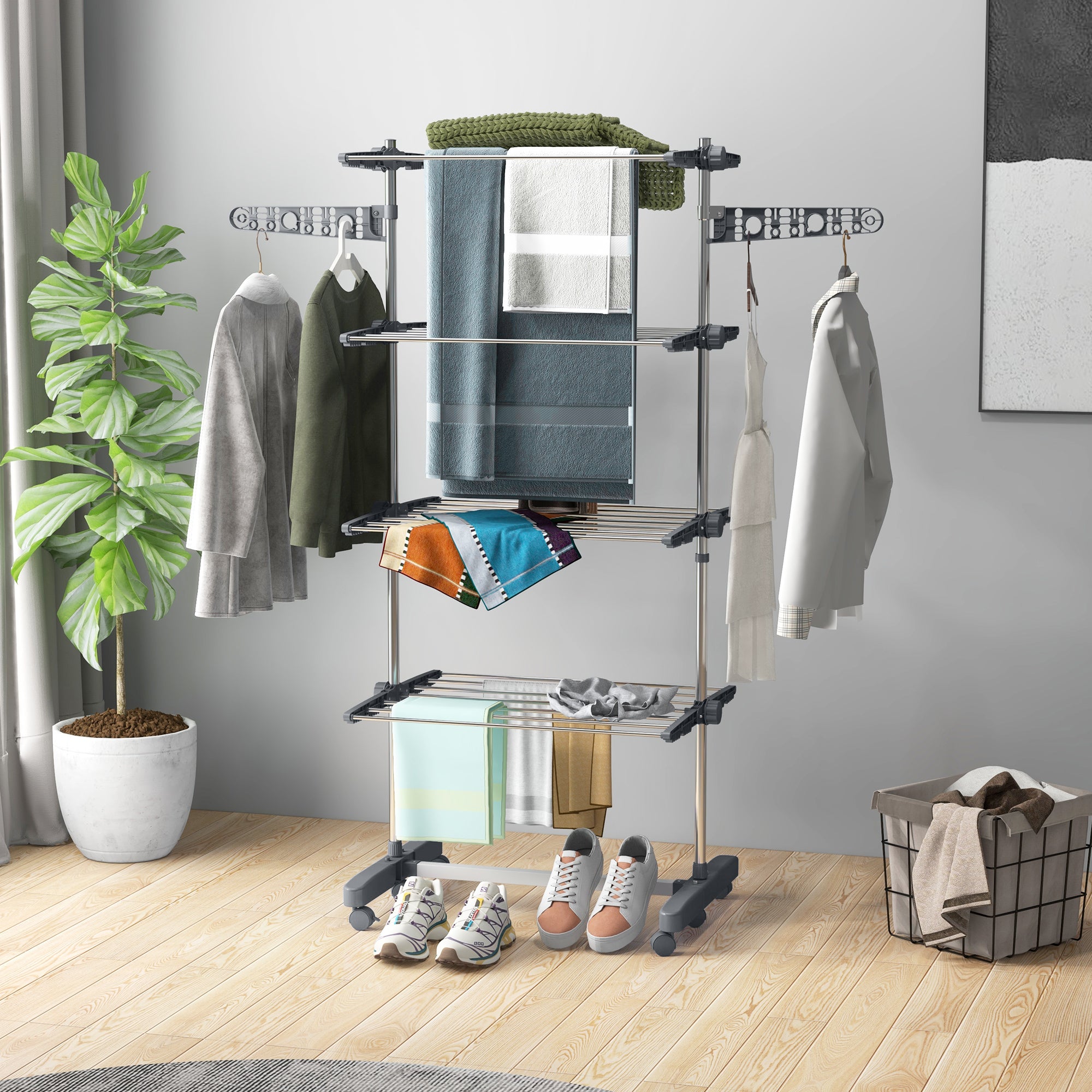 Garment Drying Rack Stainless Steel Folding Clothes Hanging Rack with Side Wings Castors for Indoor Outdoor White