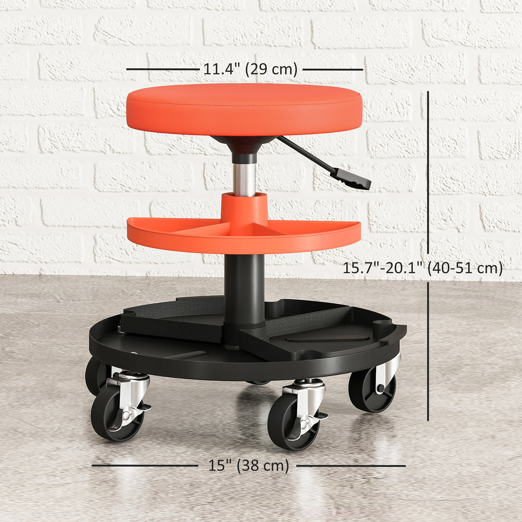 Rolling Garage Stool, 300 LBS Capacity Mechanic Stool with 2.5" Wheels, Tool Trays Storage, Adjustable Height, Orange