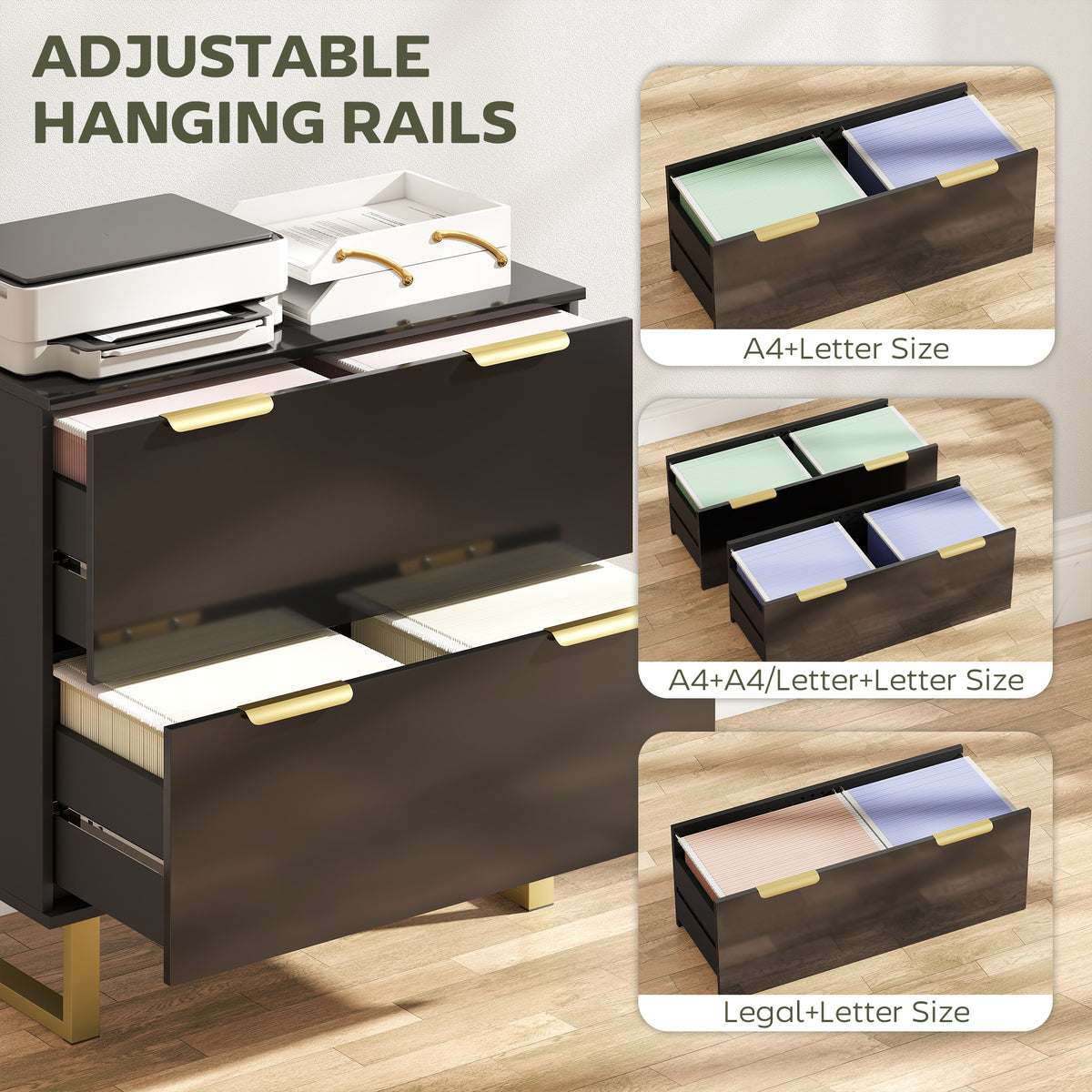 Lateral File Cabinet with 2 Drawers, Modern Filing Cabinet for Letter/A4/Legal Size Files, High Gloss Black