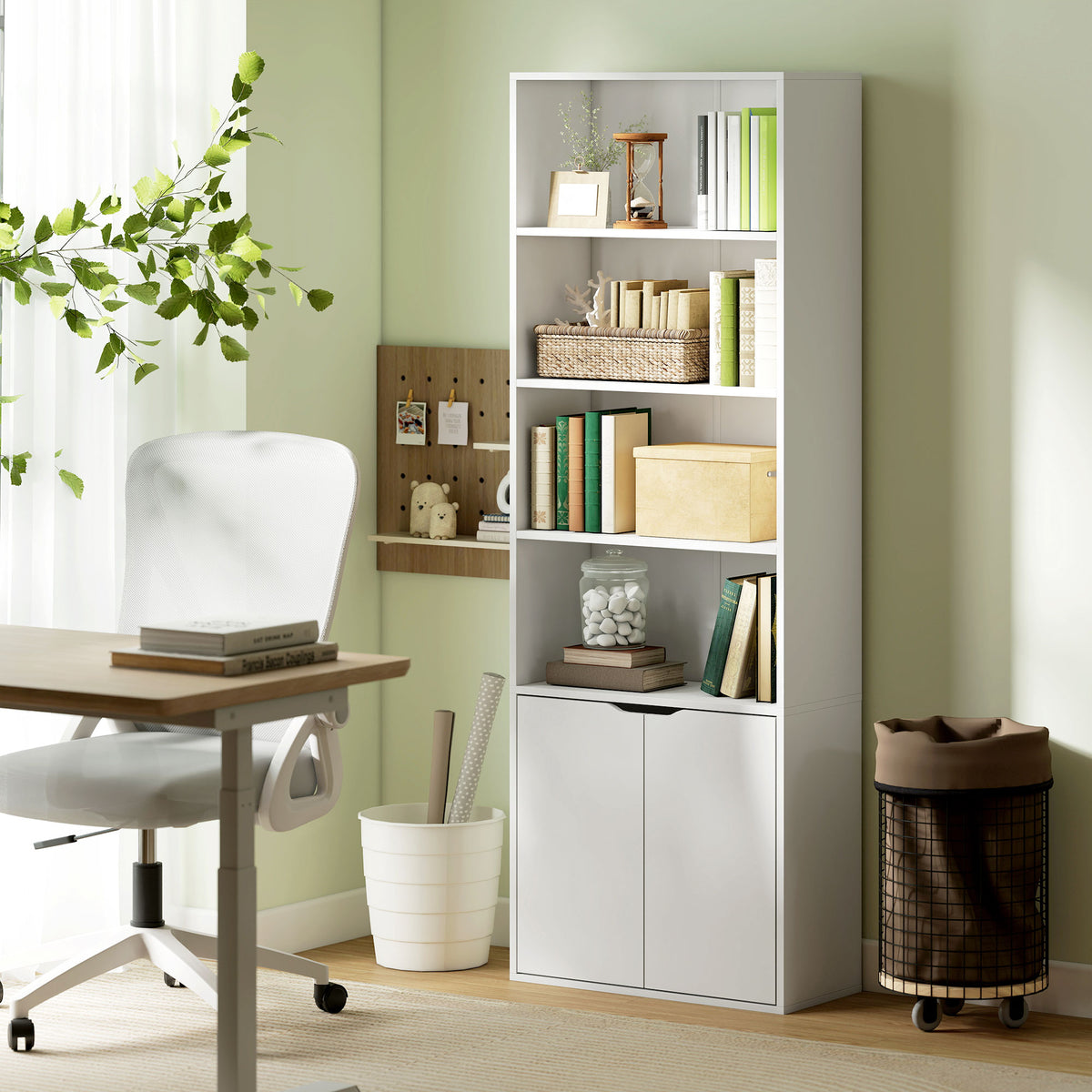 4-Tier Open Bookshelf with Doors Modern Home Office Bookcase Storage Cabinet for Living Room Bathroom Study, Oak
