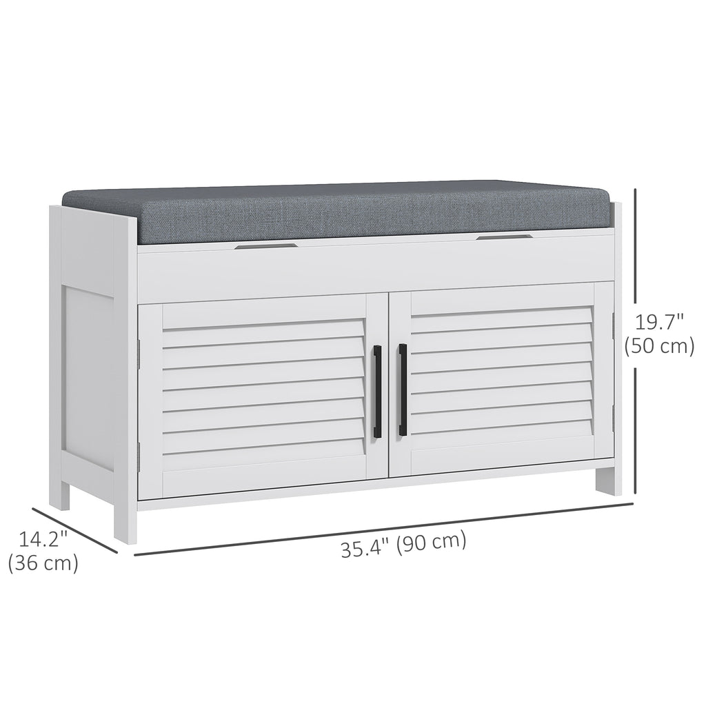 Entryway Bench with Cushion, Hidden Storage, Adjustable Shelves and Shutter Doors, 35.4" Shoe Bench, White