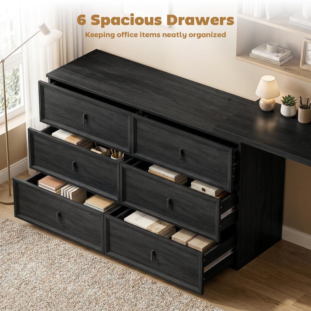 L Shaped Computer Desk Home Office Desk with 6 Drawers Black Wood Grain