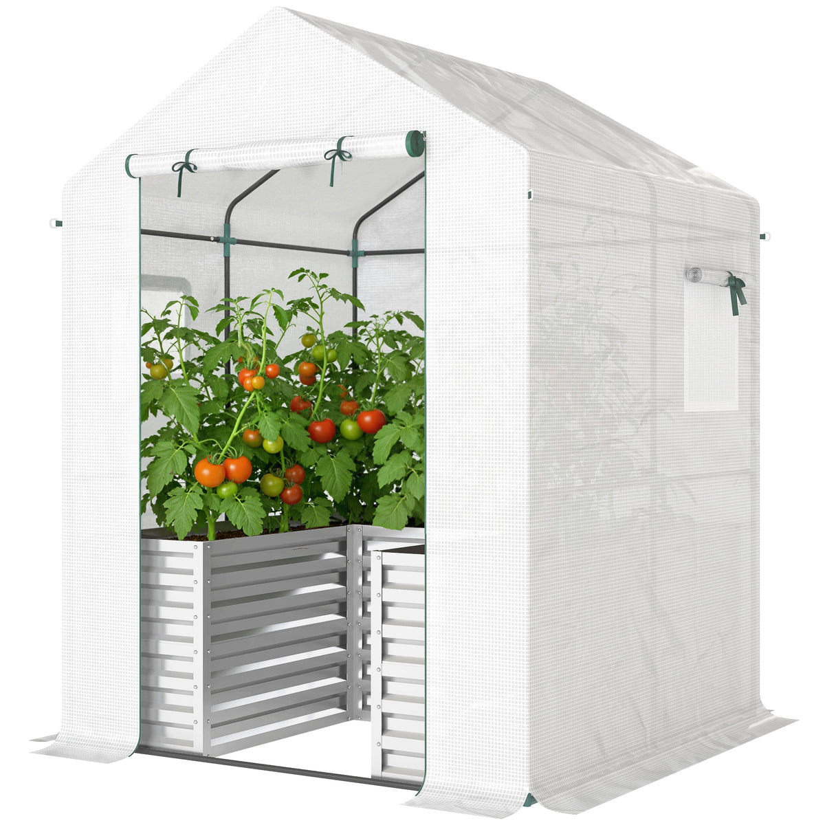 Greenhouse with Raised Garden Bed, Galvanized Metal Planter Box with PE Cover, Roll Up Door, 56" x 56" x 75", Green