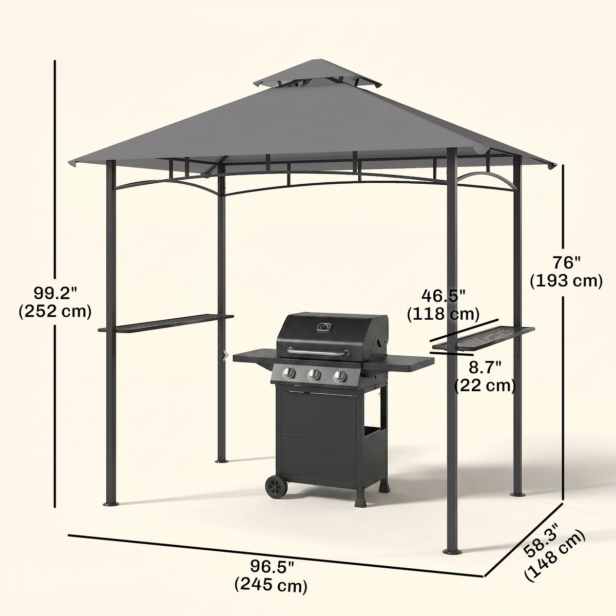 8' x 5' ናይ BBQ ግሪል ጋዜቦ ድንኳን ምስ ድርብ ደረጃ ሽውሽውታ ንውሽጣዊ ጸሓይ ጽላል፡ ግራጫ