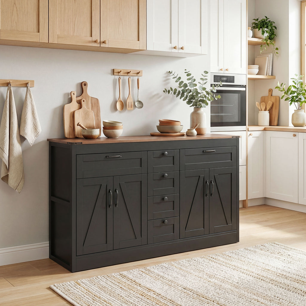 Sideboard Buffet Cabinet, 55" Farmhouse Kitchen Cabinet with 4 Barn Doors, 6 Drawers and 2 Adjustable Shelves, White