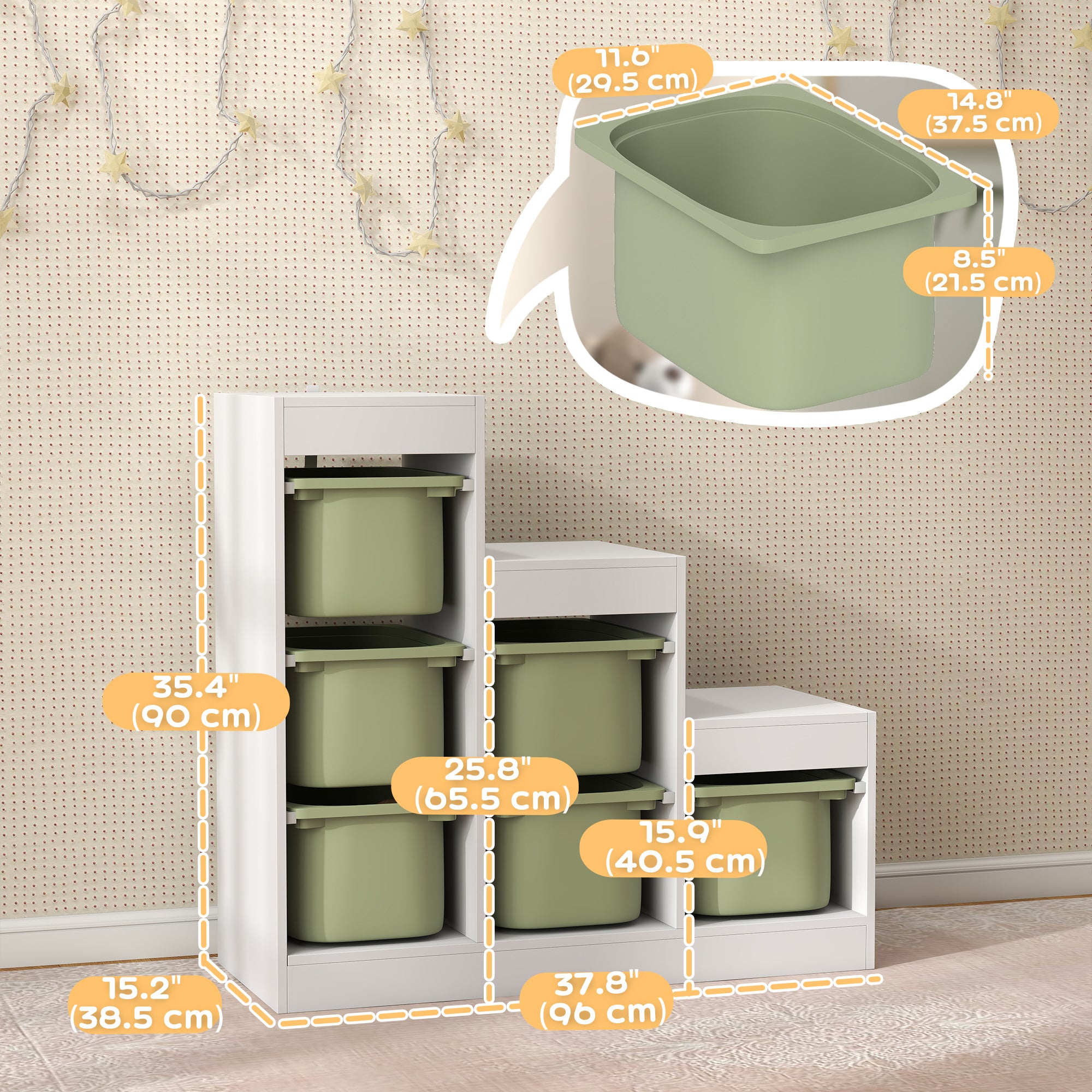 Qaba 3 Layers Toy Storage Organizer Kids Bookshelf Children Toy Storage w/ 6 Plastic Bins, Green