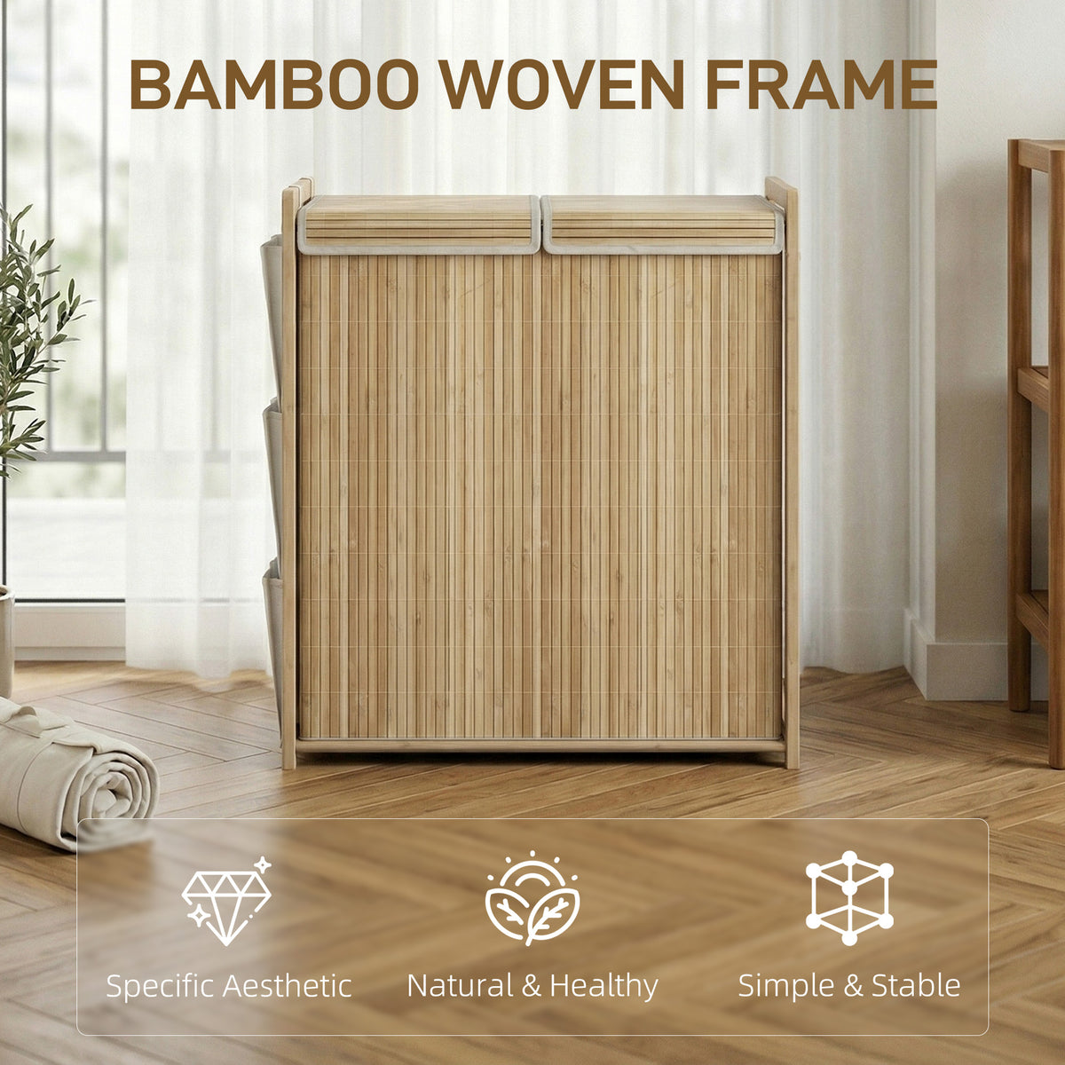 Bamboo Laundry Hamper with Removable Drawstring Bag and Side Storage Pockets, 20 Gal, Natural