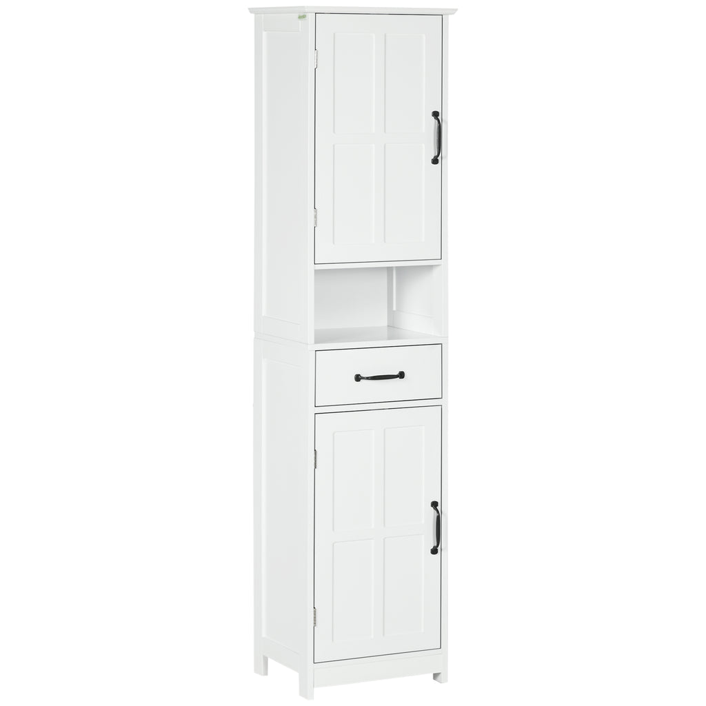 Modern Bathroom Cabinet, Narrow Bathroom Vanities with Open Shelf Drawer Recessed Doors and Adjustable Shelves White