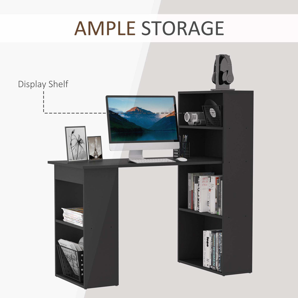 Modern Computer Desk with Storage Shelves, 47" Writing Table Workstation with Bookshelf for Home Office, White