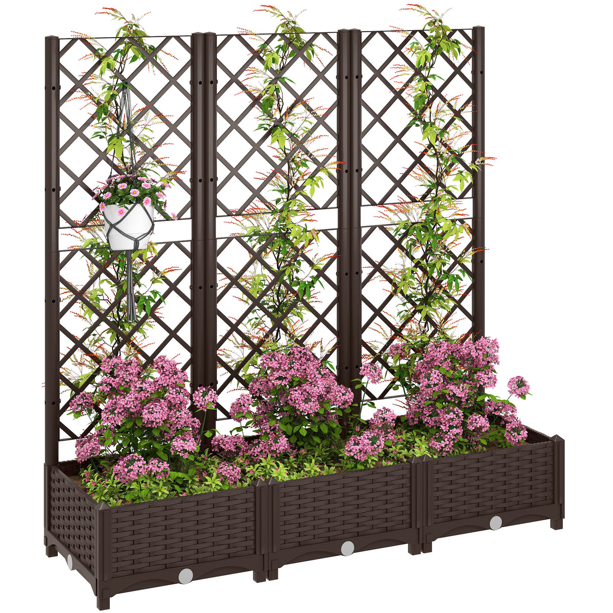 Raised Garden Bed with Trellis, PE Rattan Flower Bed with Drainage Holes and Drain Plugs, 47" x 16" x 48"