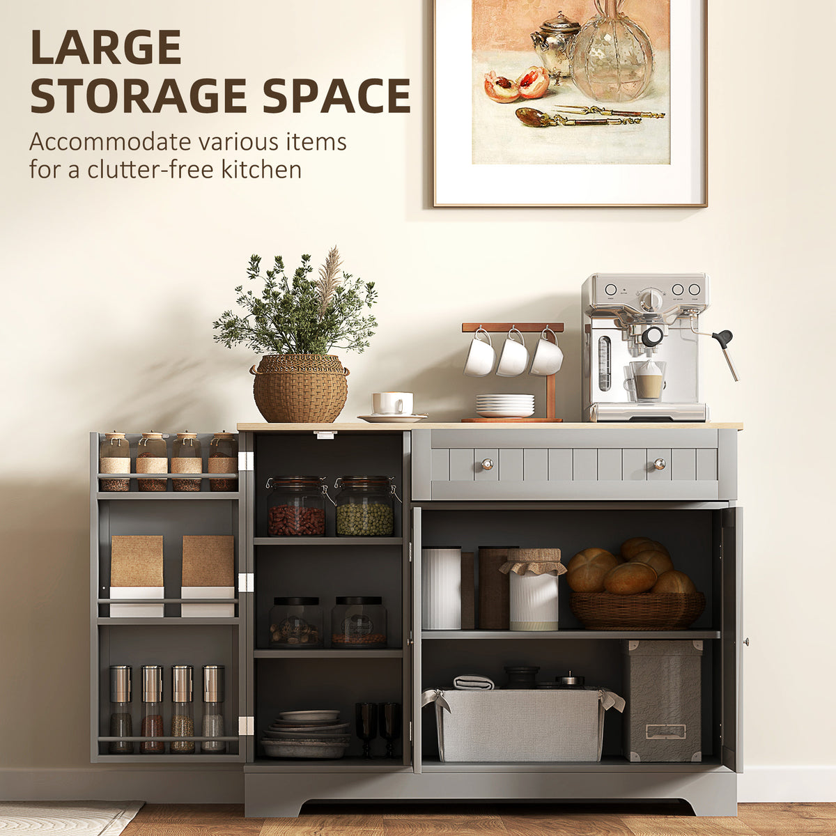 Modern Sideboard Cabinet, 41" Kitchen Buffet Cabinet with Drawer, Adjustable Shelf, 3 Doors for Dining Room, Grey