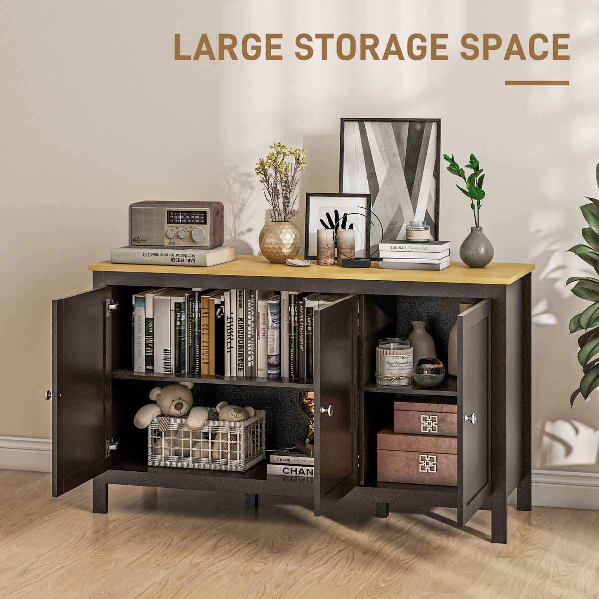 Sideboard, Buffet Cabinet with Doors and Adjustable Shelves for Living Room, Entryway, White and Natural