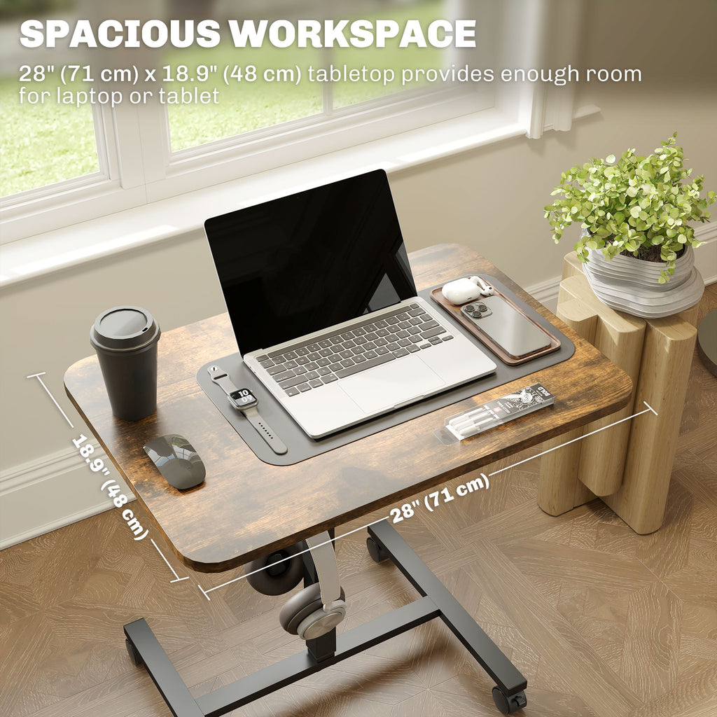 Height Adjustable Standing Desk, Pneumatic Sit Stand Desk with Wheels and Headphone Hook, Rustic Brown