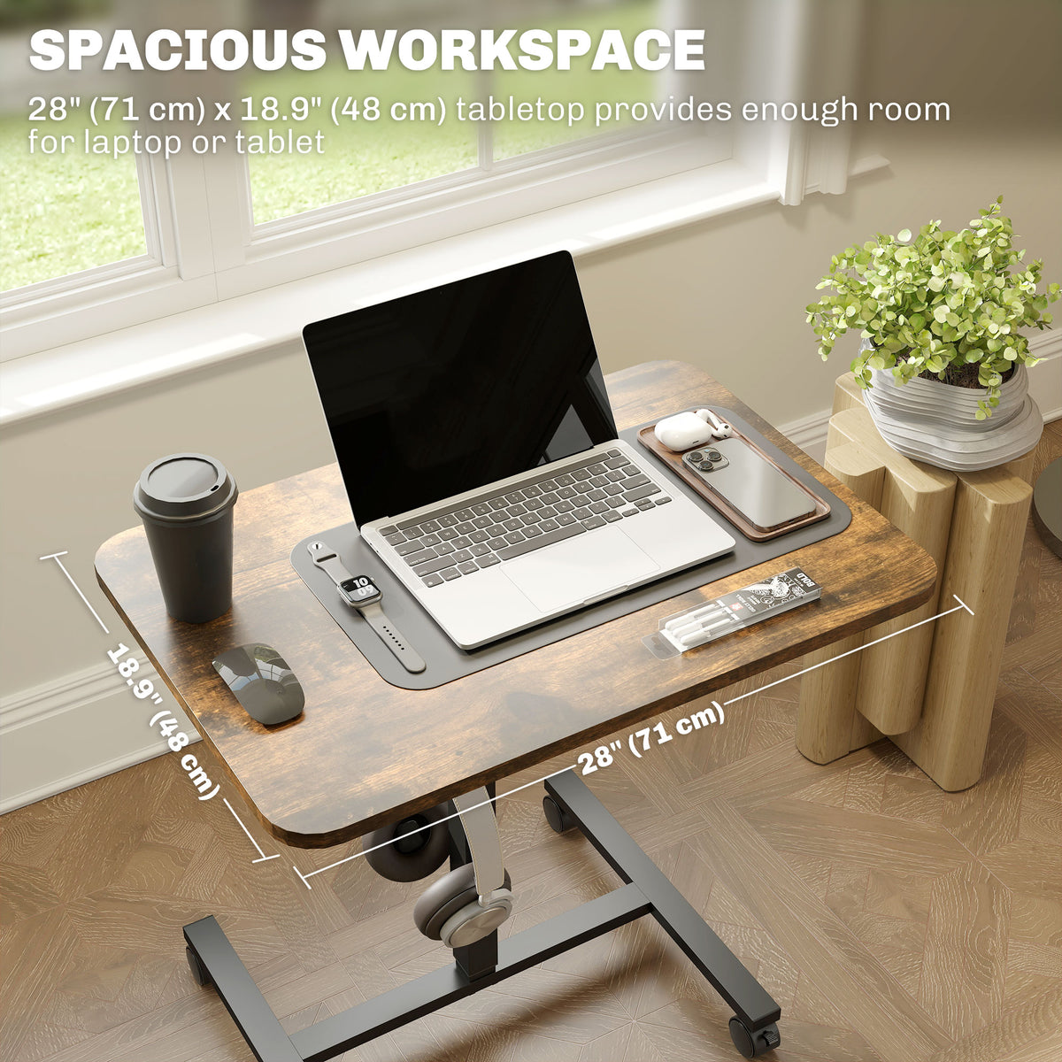 Height Adjustable Standing Desk, Pneumatic Sit Stand Desk with Wheels and Headphone Hook, Rustic Brown