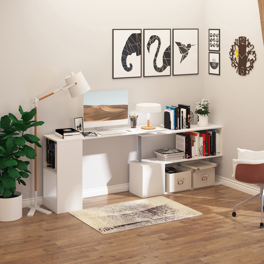 55" Corner Computer Desk, 360° Rotating L-Shaped Desk, Home Office Workstation with 3-Tier Shelves, Bookshelf, White