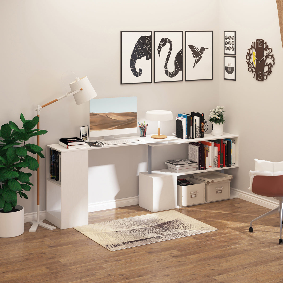 55" Corner Computer Desk, 360° Rotating L-Shaped Desk, Home Office Workstation with 3-Tier Shelves, Bookshelf, White