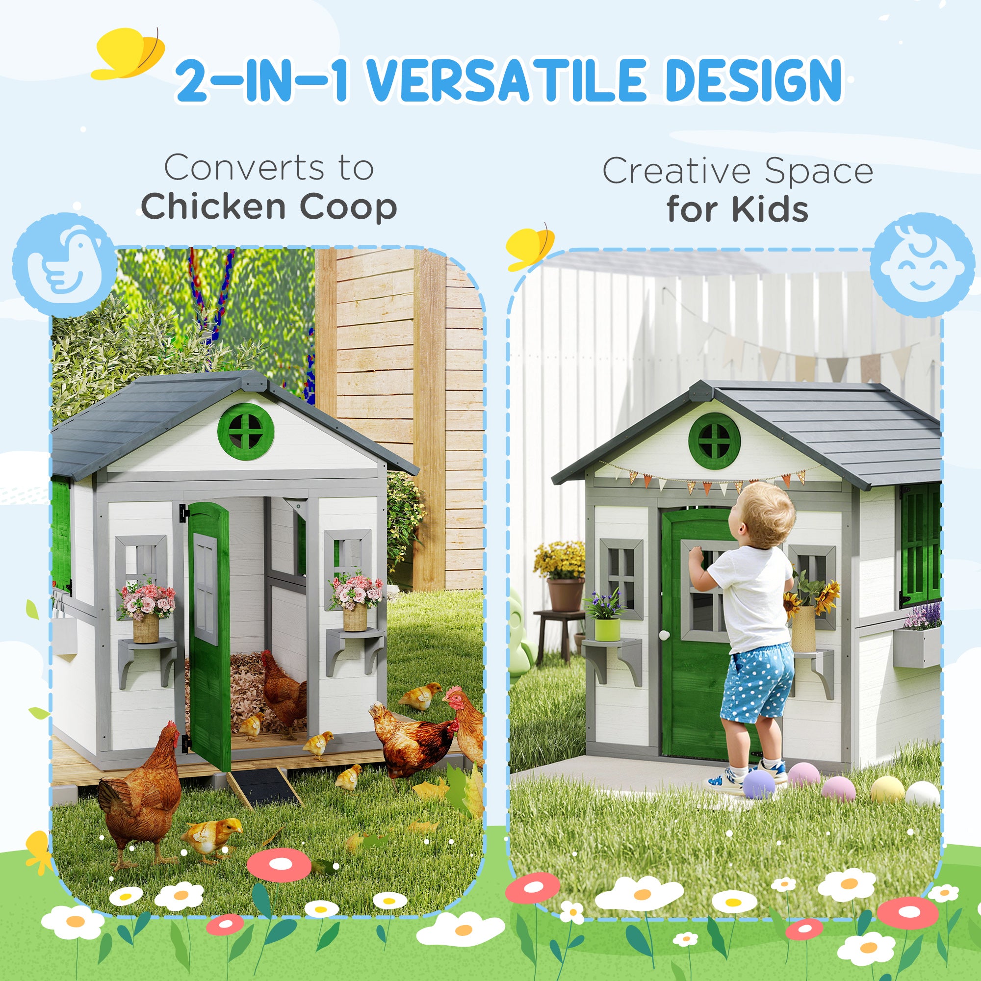 Wooden Playhouse for Kids Outdoor with Door, Windows, Planter Pots and Boxes for Toddlers 3-8 Years, White
