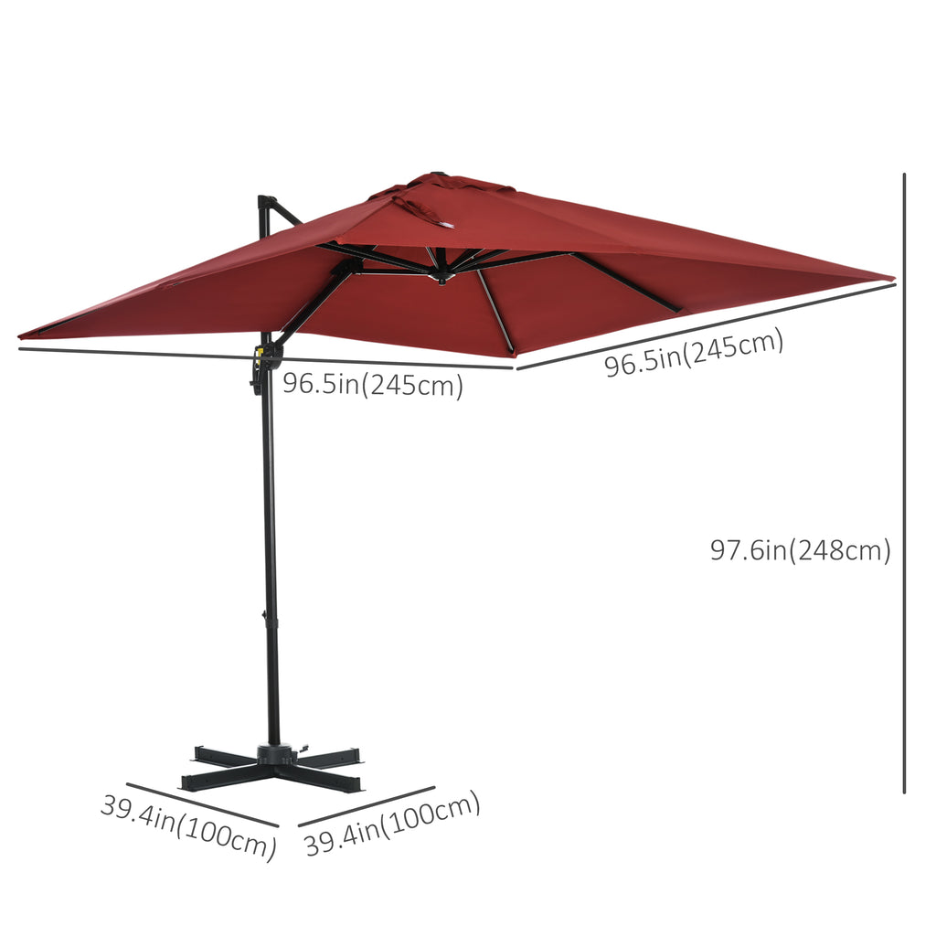 8' x 8' Square Patio Hanging Offset Umbrella with 360° Rotation, Aluminum Outdoor Cantilever Parasol with Crank & Tilt, Sun Canopy Shelter with Cross Base, Wine Red